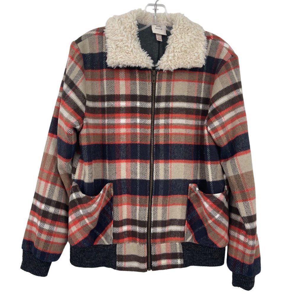 Knox Rose Plaid Sherpa Collar Bomber Jacket Women's S‎ Wool Blend Full Zip Fall